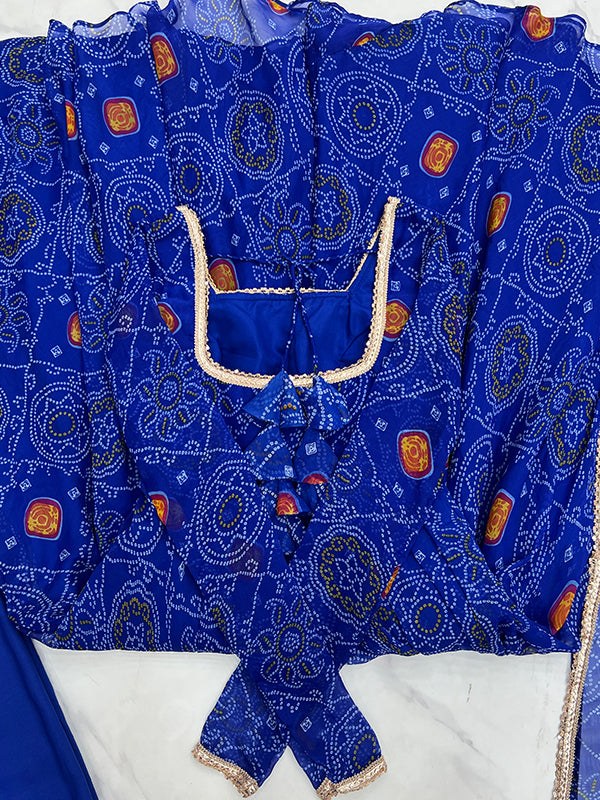 Blue Bandhej Printed Anarkali Gown With Pant & Dupatta Set