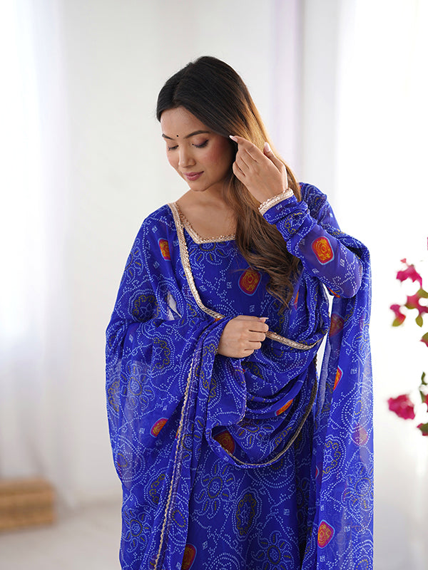 Blue Bandhej Printed Anarkali Gown With Pant & Dupatta Set