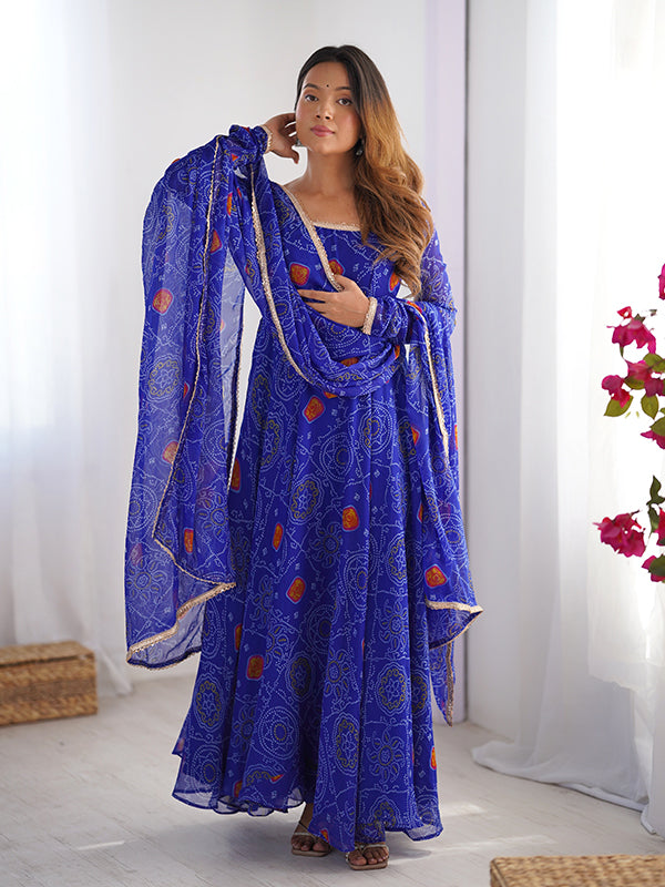 Blue Bandhej Printed Anarkali Gown With Pant & Dupatta Set