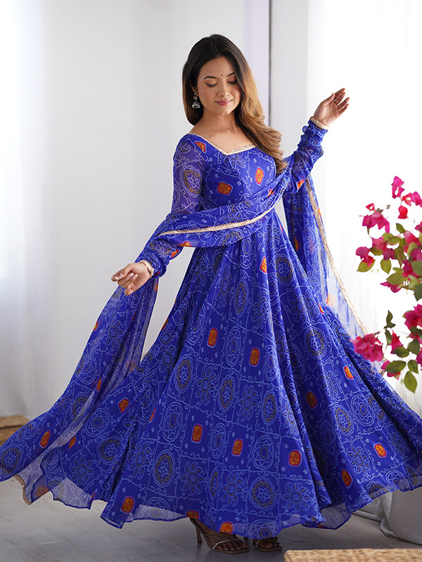 Blue Bandhej Printed Anarkali Gown With Pant & Dupatta Set