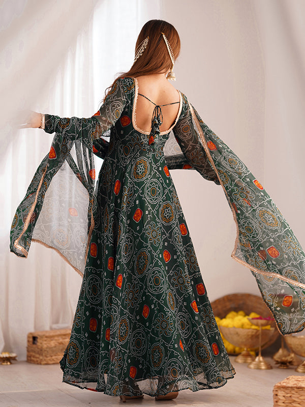 Green Bandhej Printed Anarkali Gown With Pant & Dupatta Set
