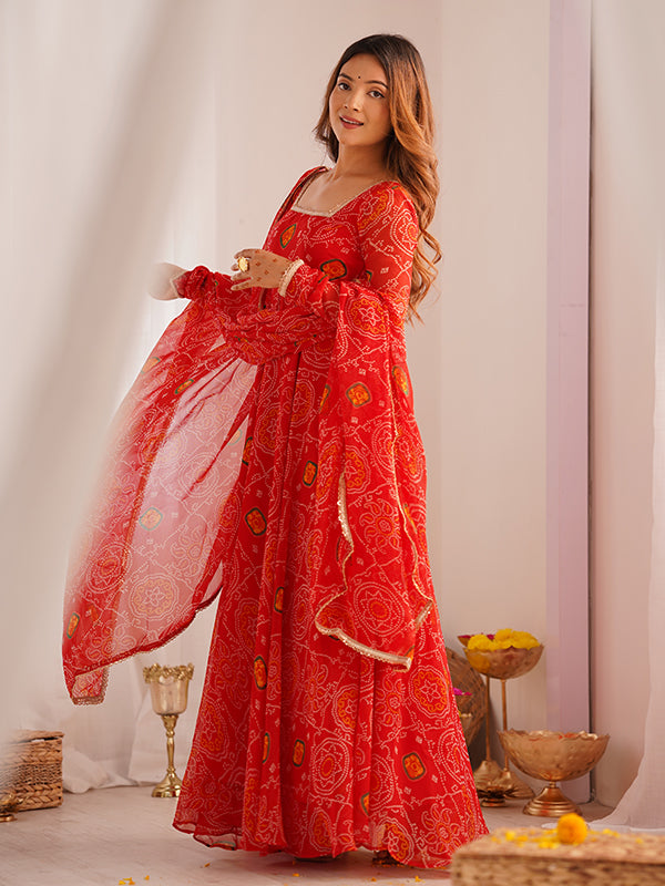 Red Bandhej Printed Anarkali Gown With Pant & Dupatta Set