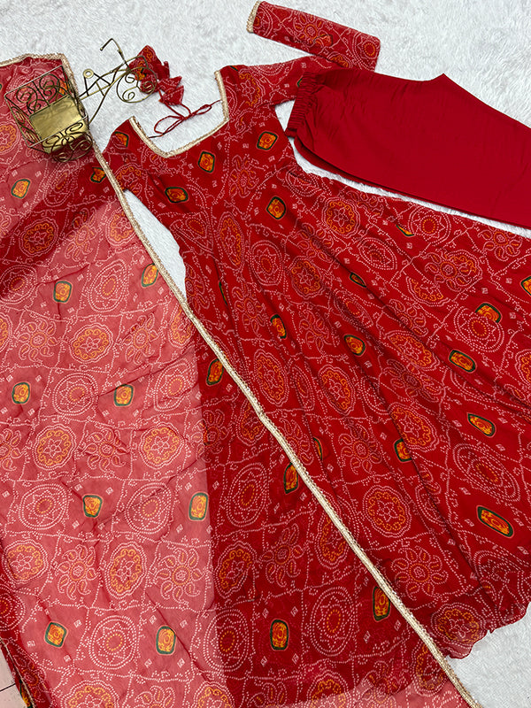 Red Bandhej Printed Anarkali Gown With Pant & Dupatta Set