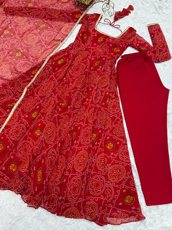 Red Bandhej Printed Anarkali Gown With Pant & Dupatta Set