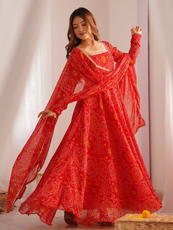 Red Bandhej Printed Anarkali Gown With Pant & Dupatta Set