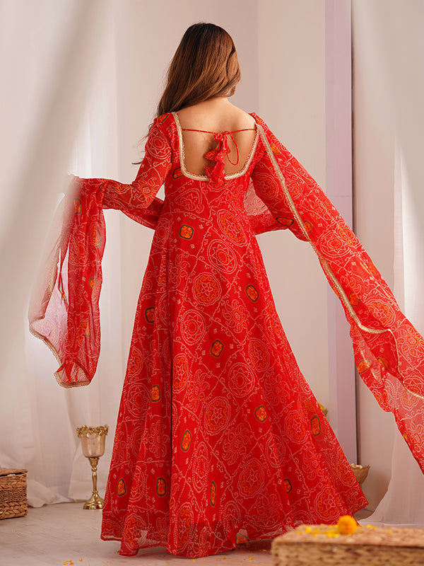 Red Bandhej Printed Anarkali Gown With Pant & Dupatta Set