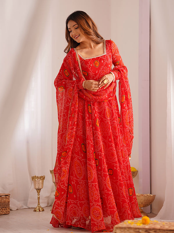 Red Bandhej Printed Anarkali Gown With Pant & Dupatta Set