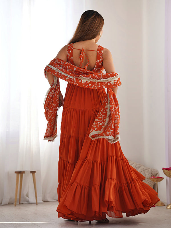 Rust Embroidered Flair Gown With Pant & Dupatta Set