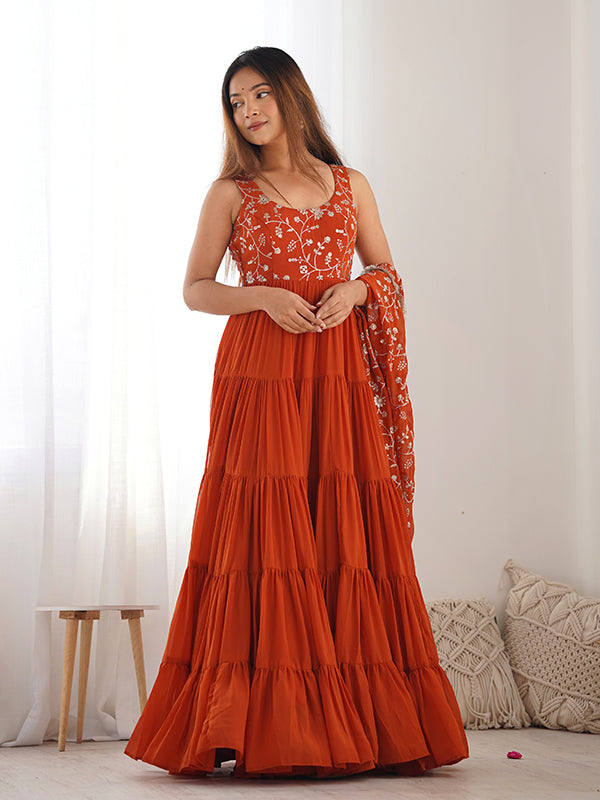 Rust Embroidered Flair Gown With Pant & Dupatta Set