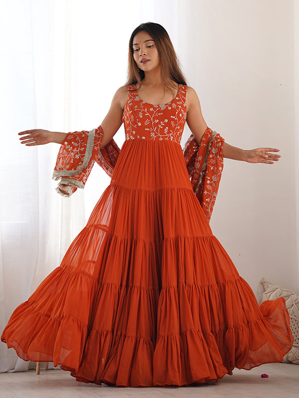 Rust Embroidered Flair Gown With Pant & Dupatta Set