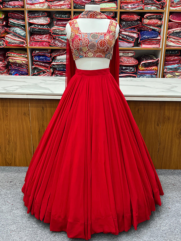 Red Embroidered Georgette Lehenga Choli With Dupatta