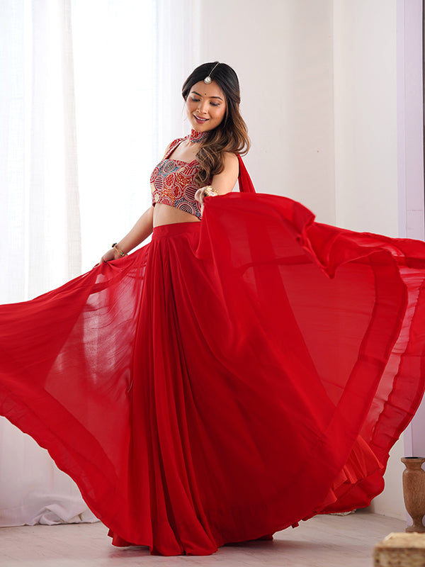 Red Embroidered Georgette Lehenga Choli With Dupatta