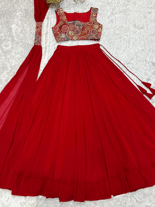 Red Embroidered Georgette Lehenga Choli With Dupatta