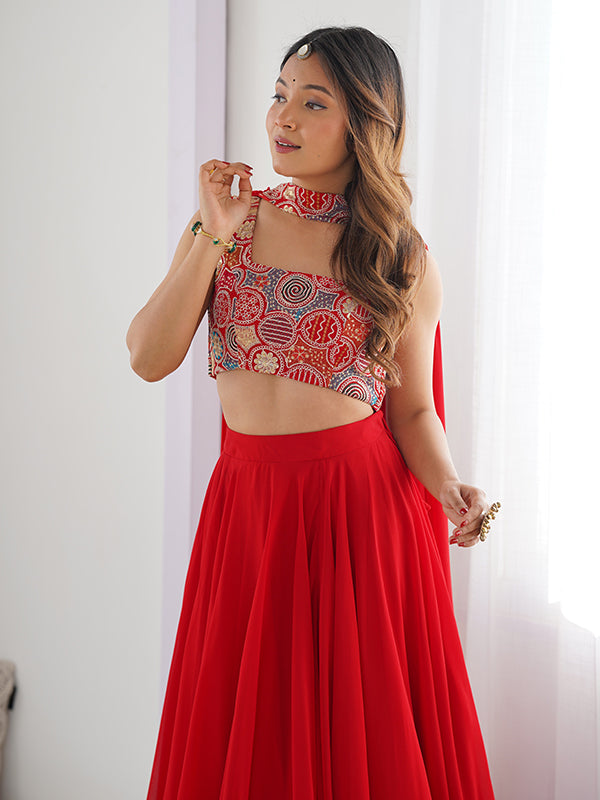 Red Embroidered Georgette Lehenga Choli With Dupatta