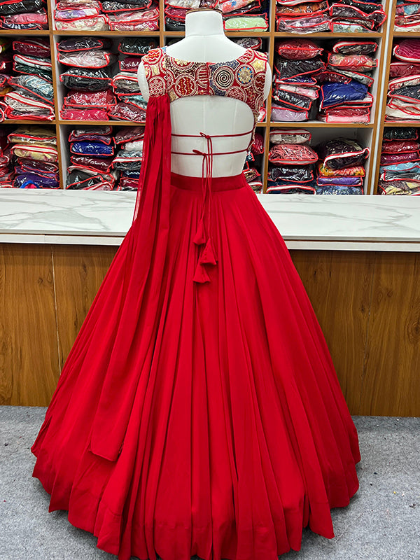 Red Embroidered Georgette Lehenga Choli With Dupatta