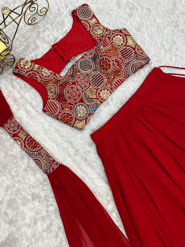 Red Embroidered Georgette Lehenga Choli With Dupatta