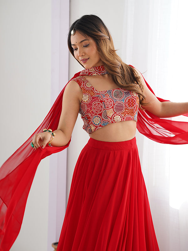 Red Embroidered Georgette Lehenga Choli With Dupatta