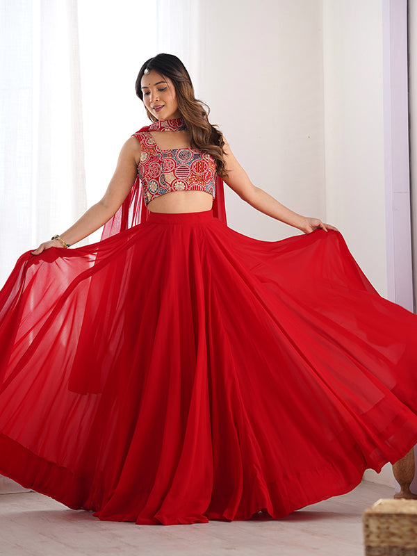 Red Embroidered Georgette Lehenga Choli With Dupatta