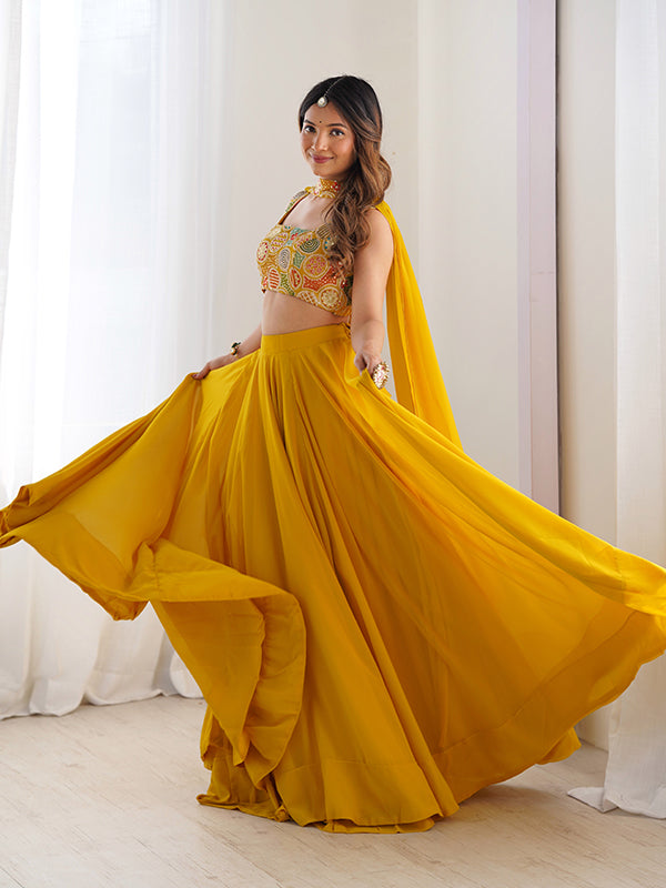 Yellow Embroidered Georgette Lehenga Choli With Dupatta