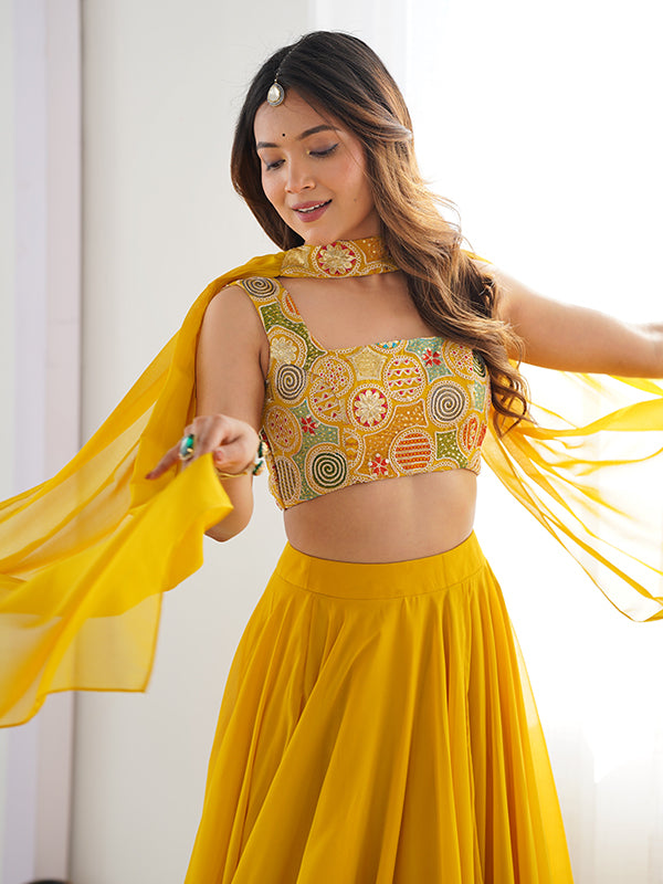 Yellow Embroidered Georgette Lehenga Choli With Dupatta