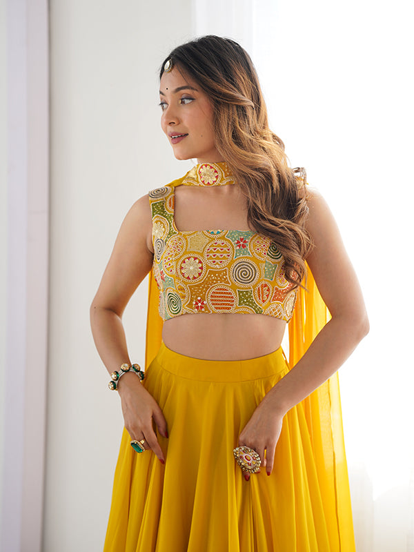 Yellow Embroidered Georgette Lehenga Choli With Dupatta