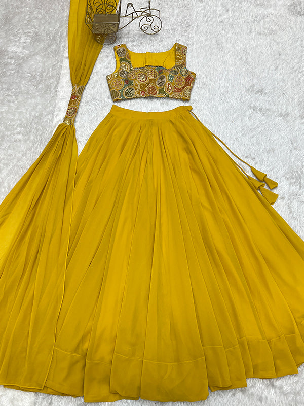 Yellow Embroidered Georgette Lehenga Choli With Dupatta