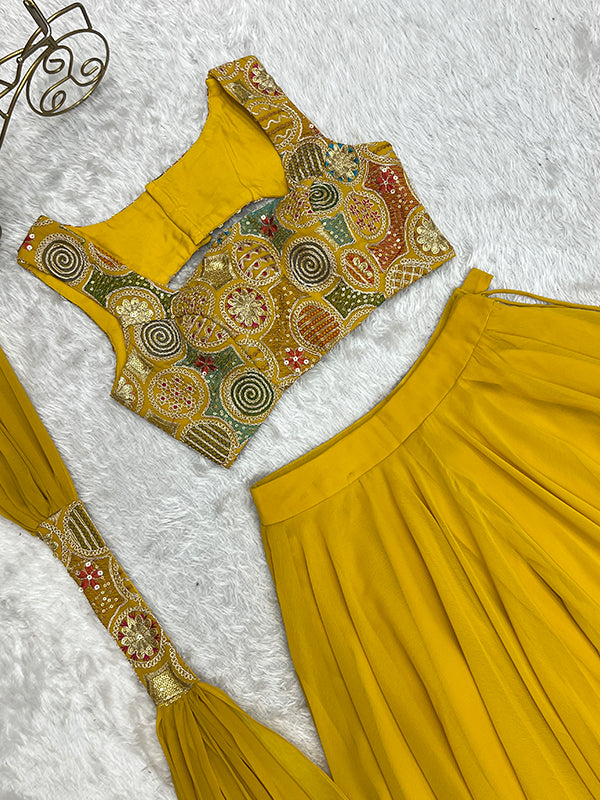 Yellow Embroidered Georgette Lehenga Choli With Dupatta