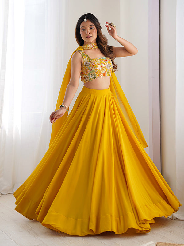 Yellow Embroidered Georgette Lehenga Choli With Dupatta