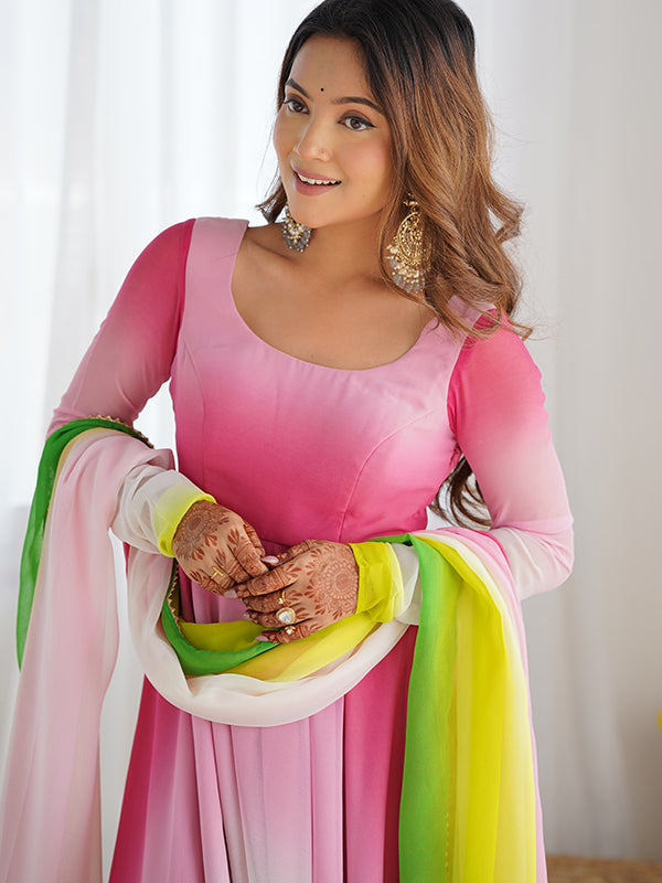 Multi Colored Anarkali Gown With Pant & Dupatta Set