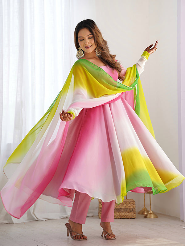 Multi Colored Anarkali Gown With Pant & Dupatta Set