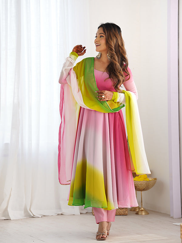 Multi Colored Anarkali Gown With Pant & Dupatta Set