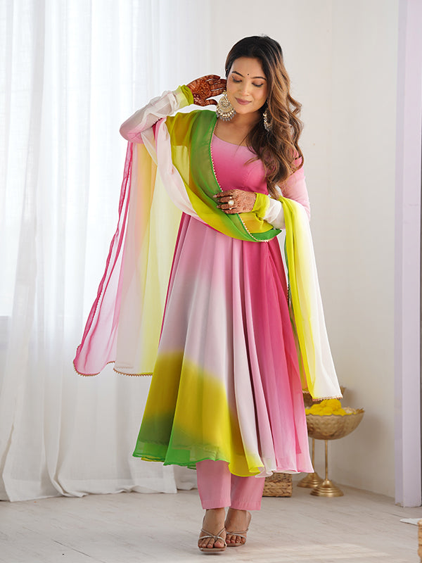 Multi Colored Anarkali Gown With Pant & Dupatta Set