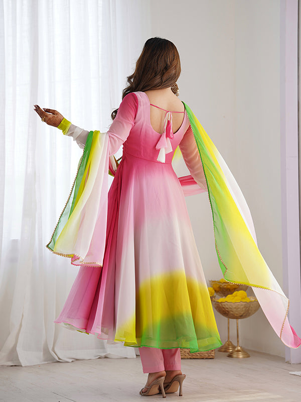 Multi Colored Anarkali Gown With Pant & Dupatta Set