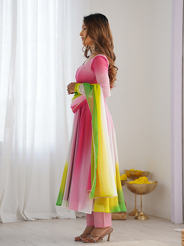 Multi Colored Anarkali Gown With Pant & Dupatta Set