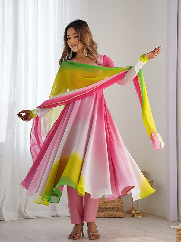 Multi Colored Anarkali Gown With Pant & Dupatta Set