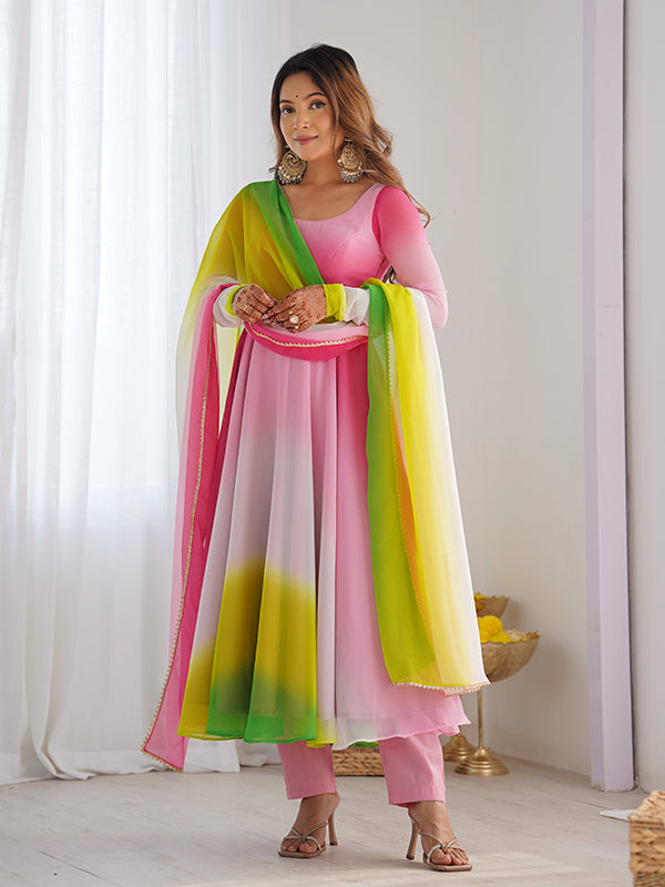 Multi Colored Anarkali Gown With Pant & Dupatta Set