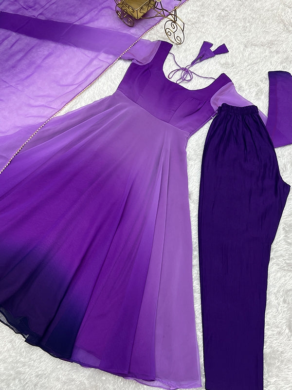 Purple Colored Anarkali Gown With Pant & Dupatta Set