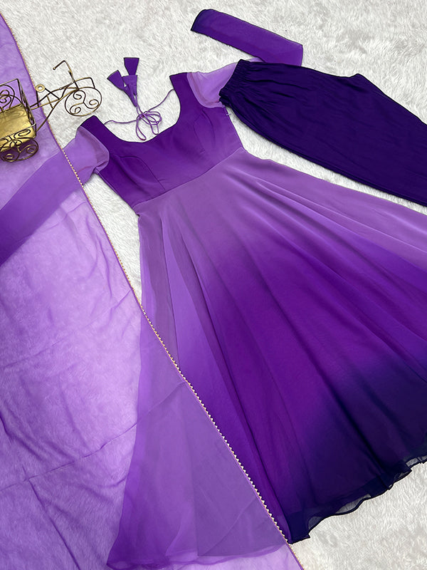 Purple Colored Anarkali Gown With Pant & Dupatta Set