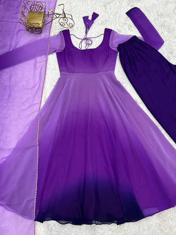 Purple Colored Anarkali Gown With Pant & Dupatta Set