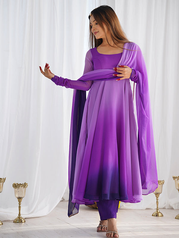Purple Colored Anarkali Gown With Pant & Dupatta Set