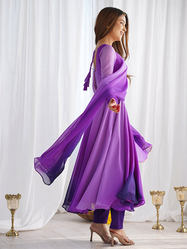 Purple Colored Anarkali Gown With Pant & Dupatta Set