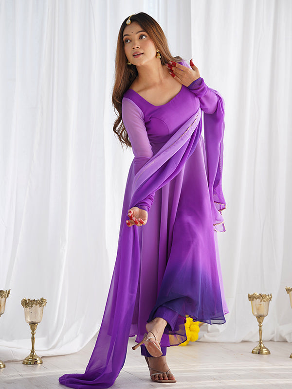 Purple Colored Anarkali Gown With Pant & Dupatta Set