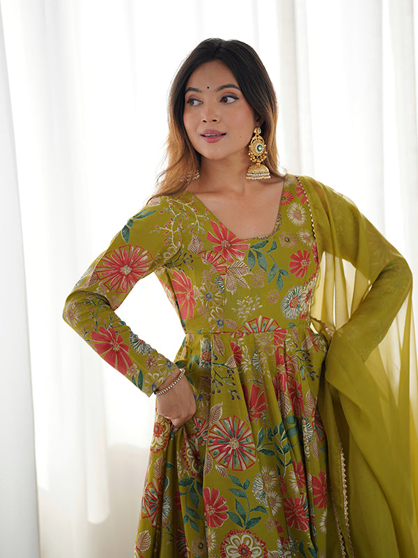 Mahendi Roman Silk Printed Kediya Kurta With Flair Palazzo Dupatta Set