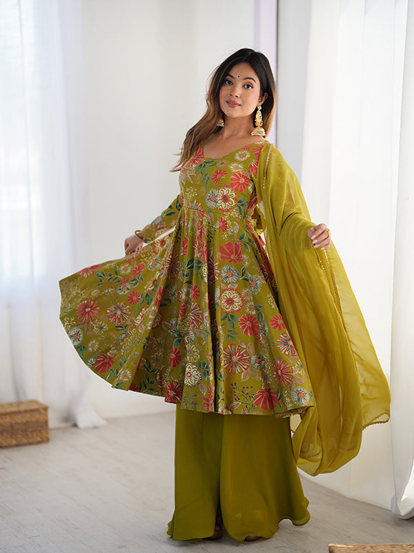 Mahendi Roman Silk Printed Kediya Kurta With Flair Palazzo Dupatta Set