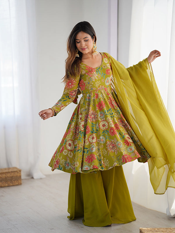 Mahendi Roman Silk Printed Kediya Kurta With Flair Palazzo Dupatta Set