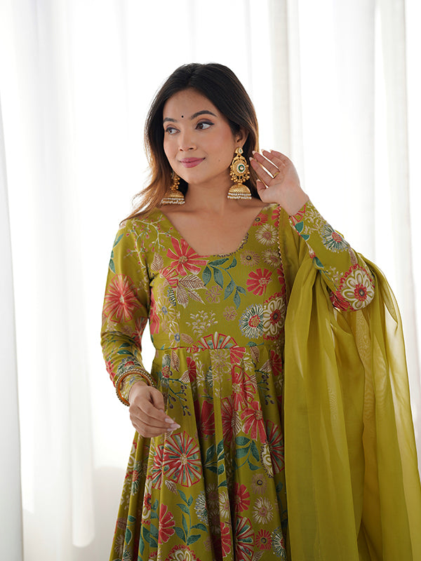 Mahendi Roman Silk Printed Kediya Kurta With Flair Palazzo Dupatta Set