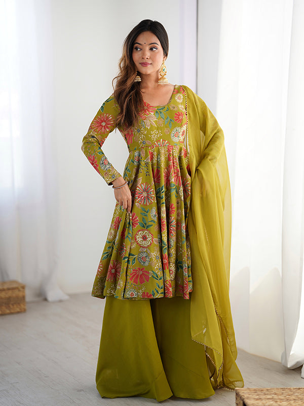Mahendi Roman Silk Printed Kediya Kurta With Flair Palazzo Dupatta Set