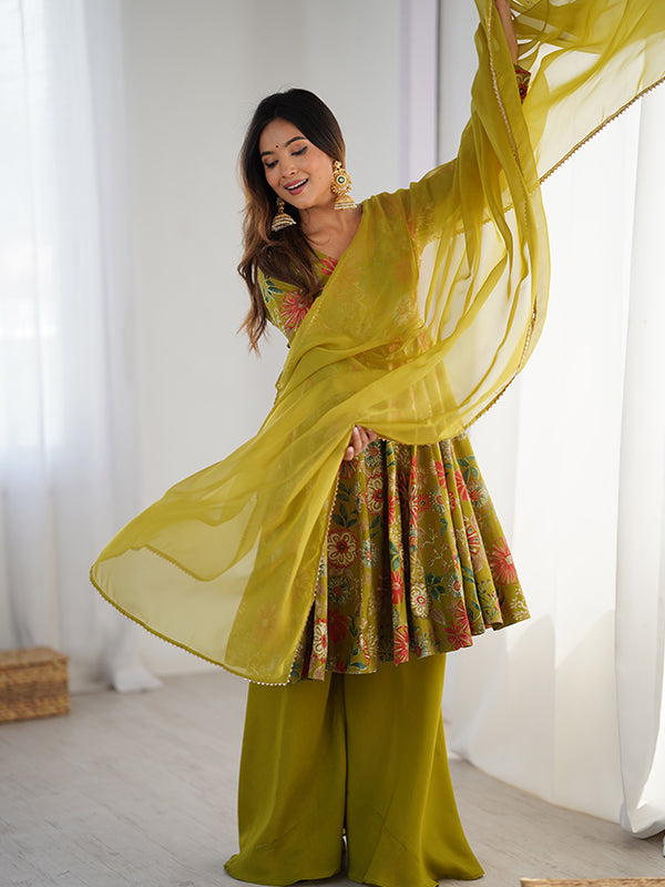 Mahendi Roman Silk Printed Kediya Kurta With Flair Palazzo Dupatta Set