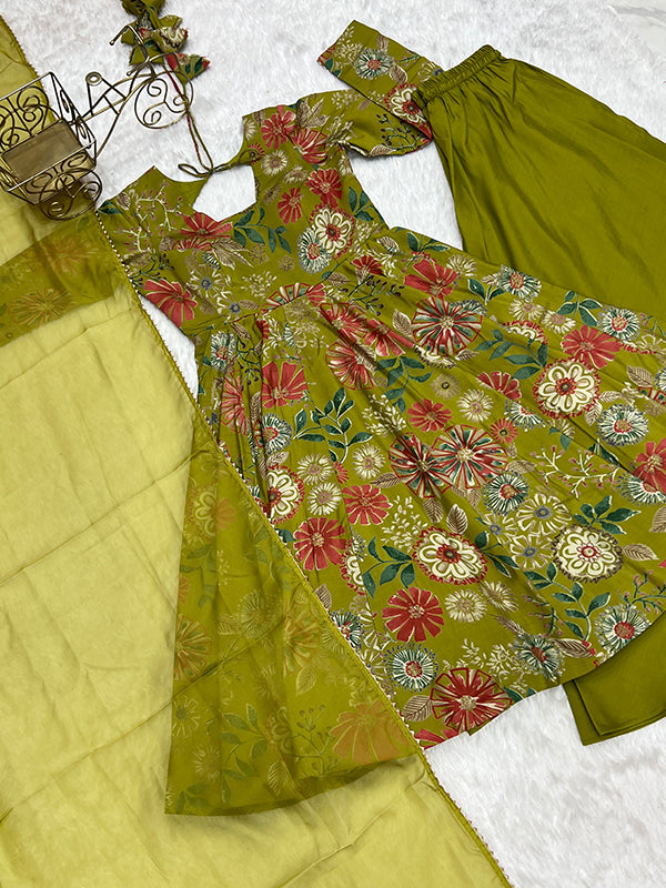 Mahendi Roman Silk Printed Kediya Kurta With Flair Palazzo Dupatta Set