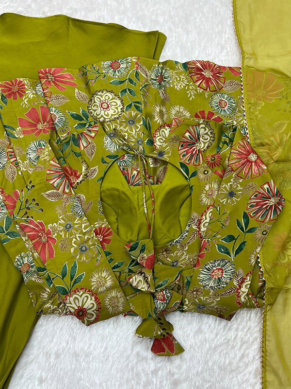 Mahendi Roman Silk Printed Kediya Kurta With Flair Palazzo Dupatta Set
